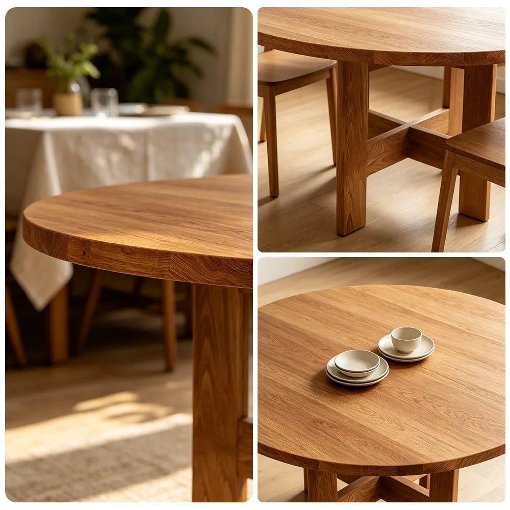 LIVARA Mid Century Round Solid Elm Wood Dining Table Natural Wood Grain Geometric Pedestal Base 90/100cm for Dining Room Kitchen - Vintage Brown