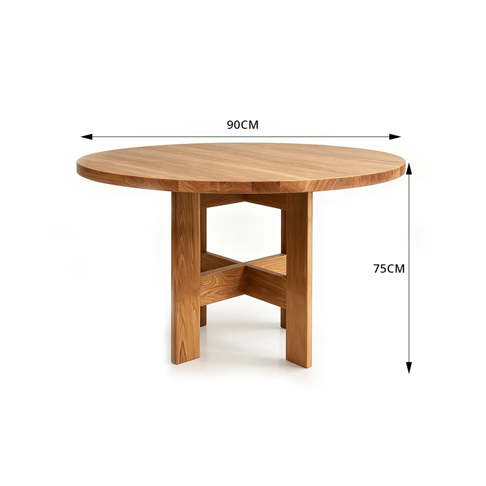 LIVARA Mid Century Round Solid Elm Wood Dining Table Natural Wood Grain Geometric Pedestal Base 90/100cm for Dining Room Kitchen - Vintage Brown