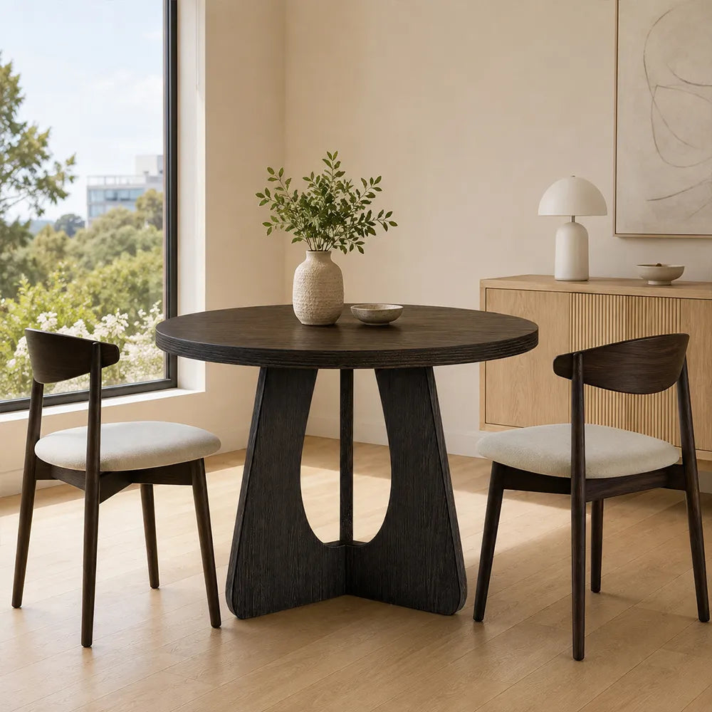 LIVARA Modern Square Solid Pine Wood Dining Table 50mm Thick Top Sculptural Curved Pedestal Base 100/110cm for Dining Room Kitchen - Black