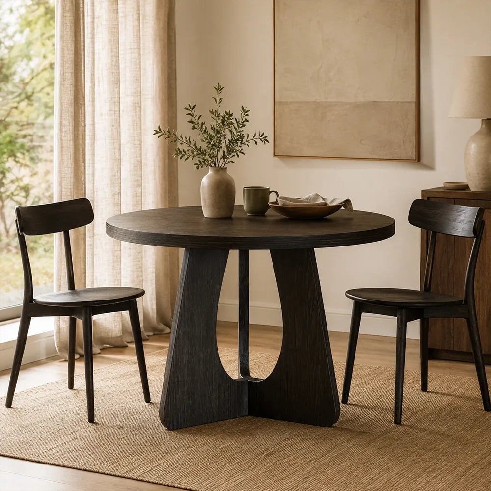 LIVARA Modern Square Solid Pine Wood Dining Table 50mm Thick Top Sculptural Curved Pedestal Base 100/110cm for Dining Room Kitchen - Black