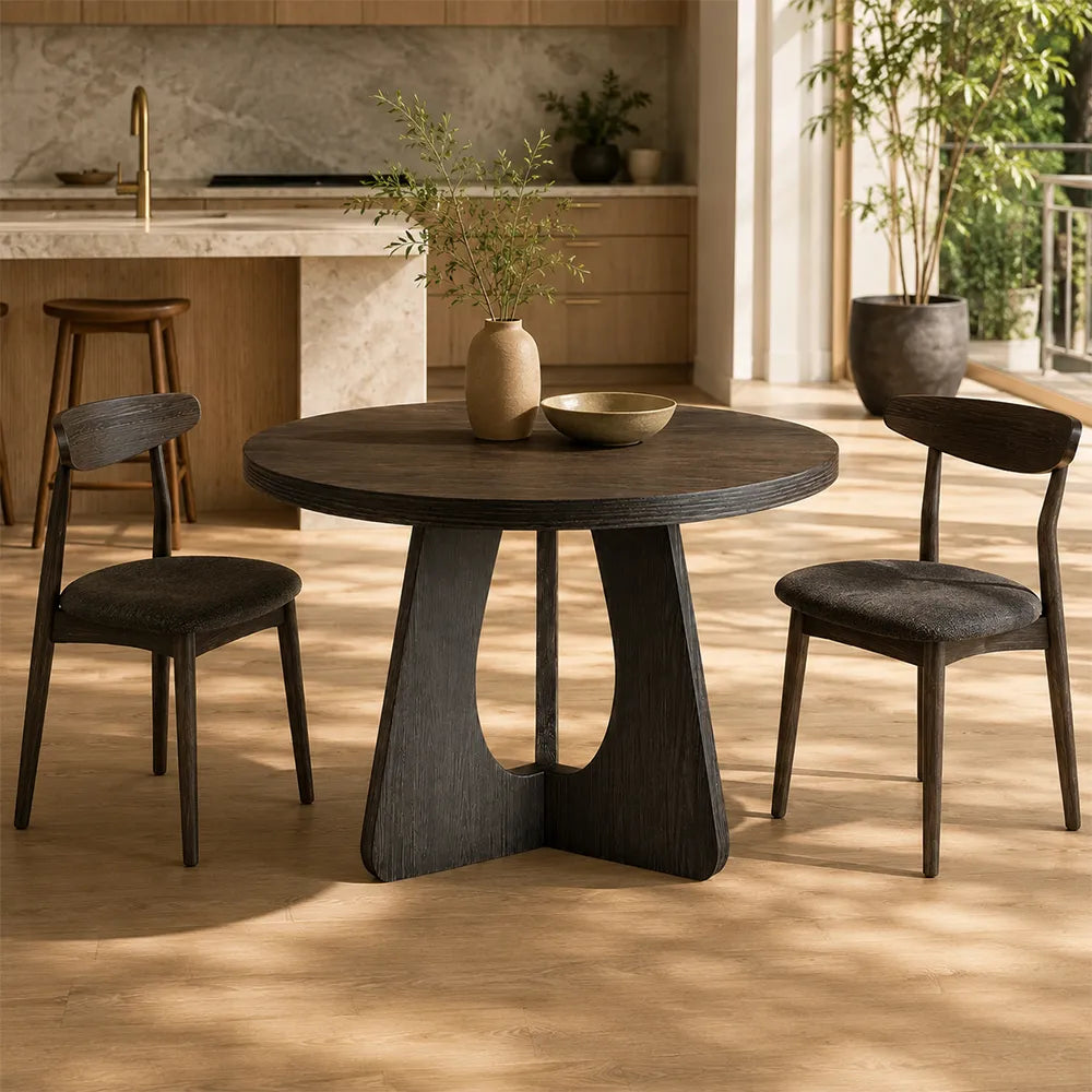 LIVARA Modern Square Solid Pine Wood Dining Table 50mm Thick Top Sculptural Curved Pedestal Base 100/110cm for Dining Room Kitchen - Black