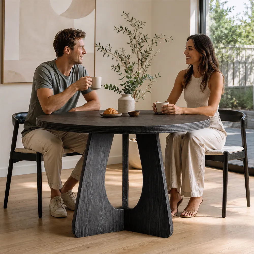 LIVARA Modern Square Solid Pine Wood Dining Table 50mm Thick Top Sculptural Curved Pedestal Base 100/110cm for Dining Room Kitchen - Black