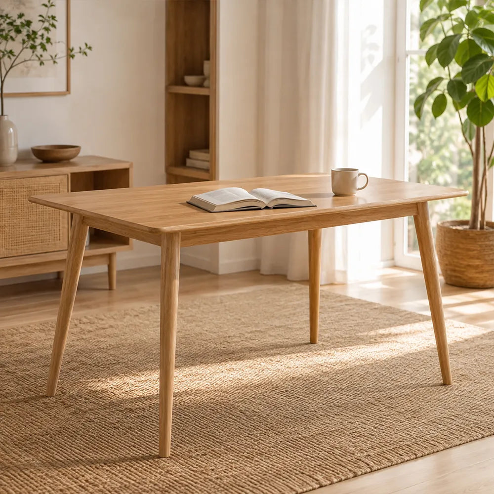 LIVARA Modern Rectangular Solid North American FAS-Grade Red Oak Dining Table Natural Wood Grain Angled Legs 130/150cm - Natural