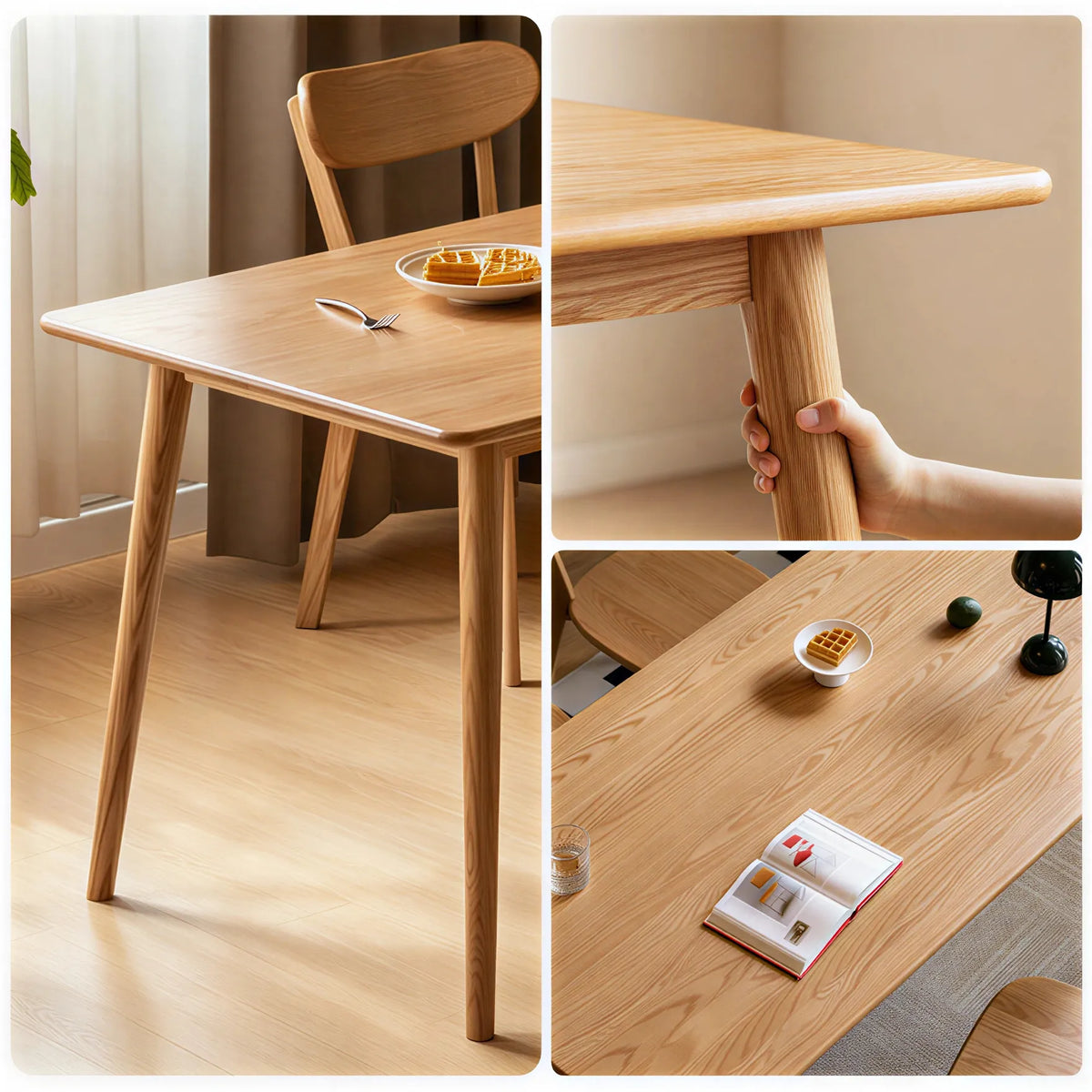 LIVARA Modern Rectangular Solid North American FAS-Grade Red Oak Dining Table Natural Wood Grain Angled Legs 130/150cm - Natural