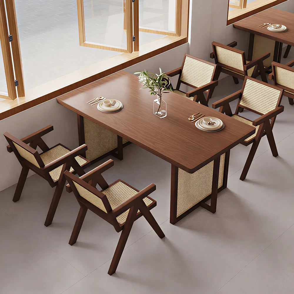 LIVARA Modern Rectangular New Zealand Pine Wood Dining Table 45mm Thick Top Rattan Panel Accents 150/160cm - Light Walnut