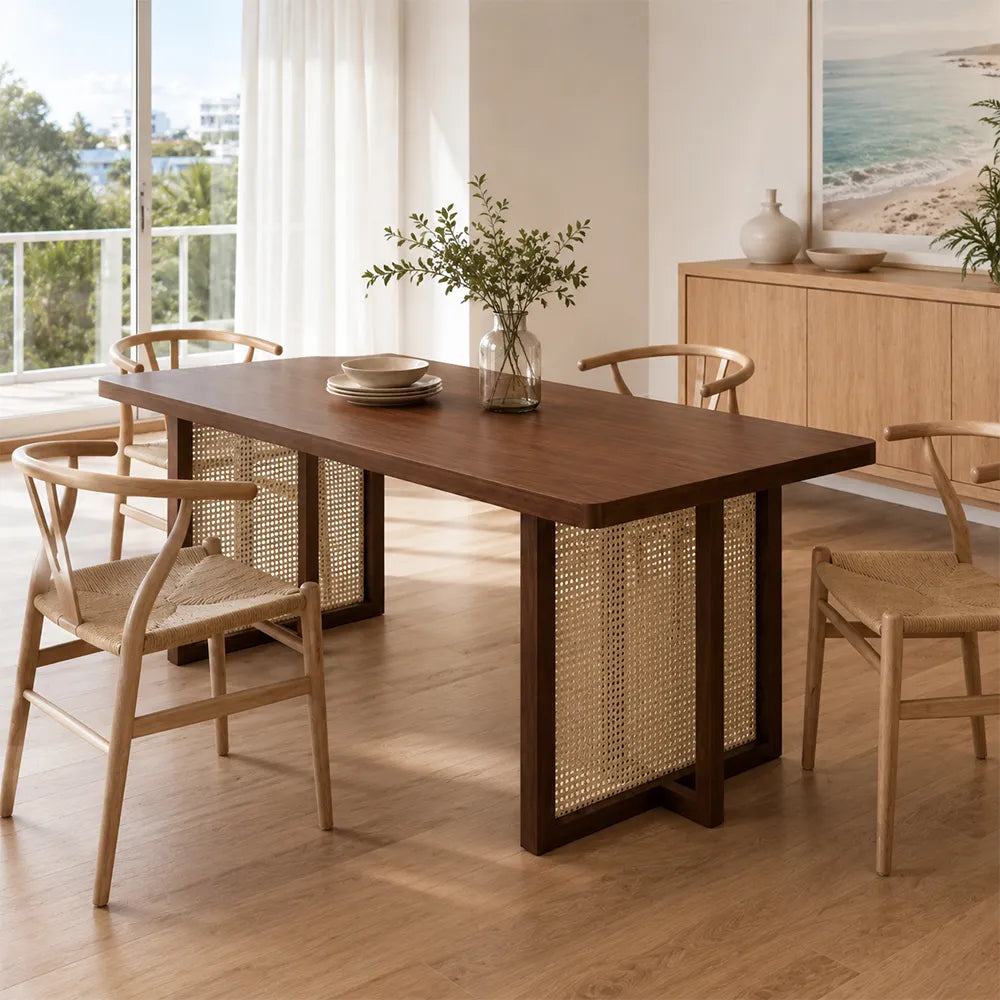 LIVARA Modern Rectangular New Zealand Pine Wood Dining Table 45mm Thick Top Rattan Panel Accents 150/160cm - Light Walnut