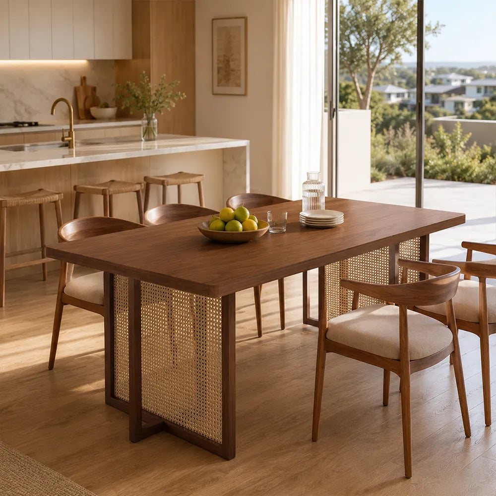 LIVARA Modern Rectangular New Zealand Pine Wood Dining Table 45mm Thick Top Rattan Panel Accents 150/160cm - Light Walnut