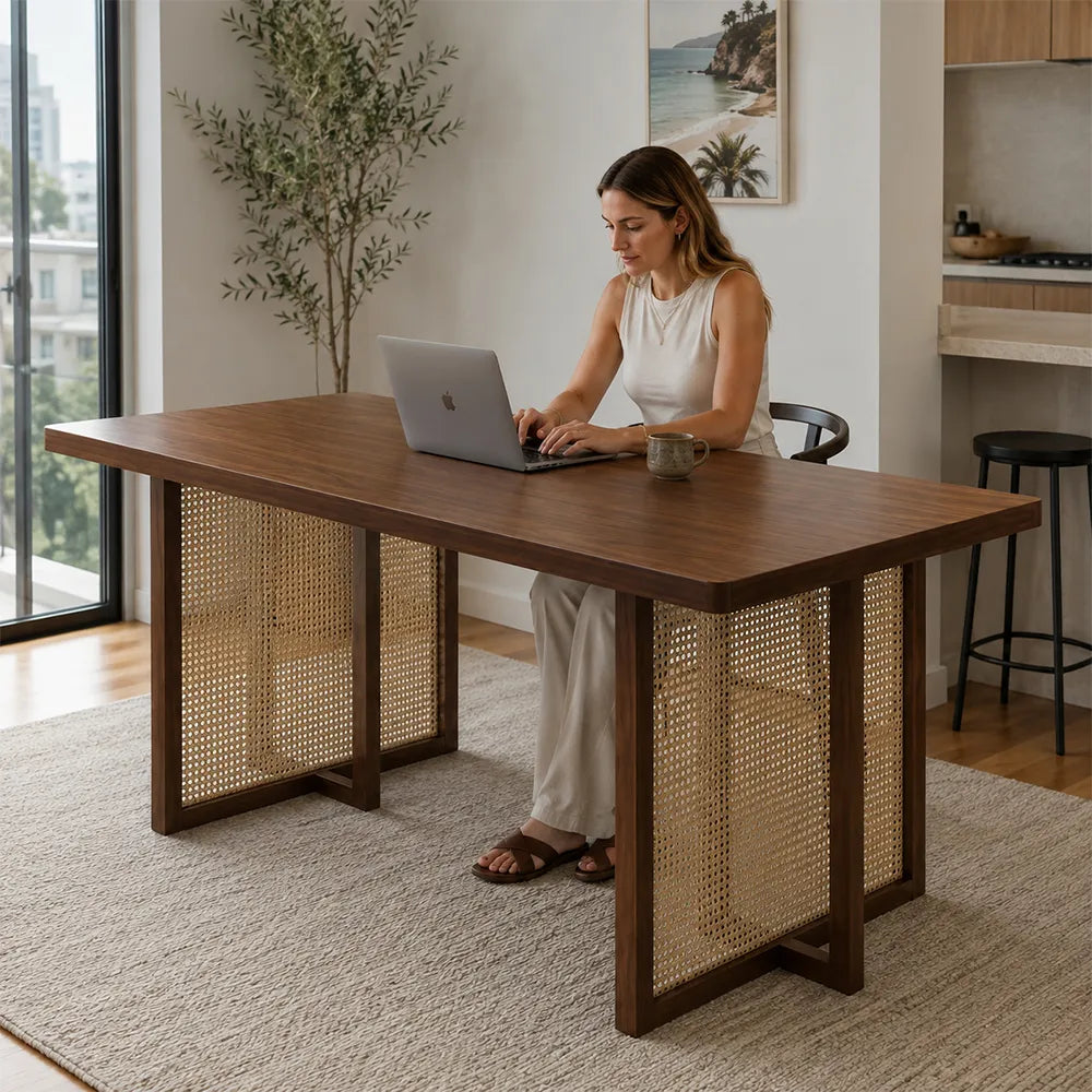 LIVARA Modern Rectangular New Zealand Pine Wood Dining Table 45mm Thick Top Rattan Panel Accents 150/160cm - Light Walnut