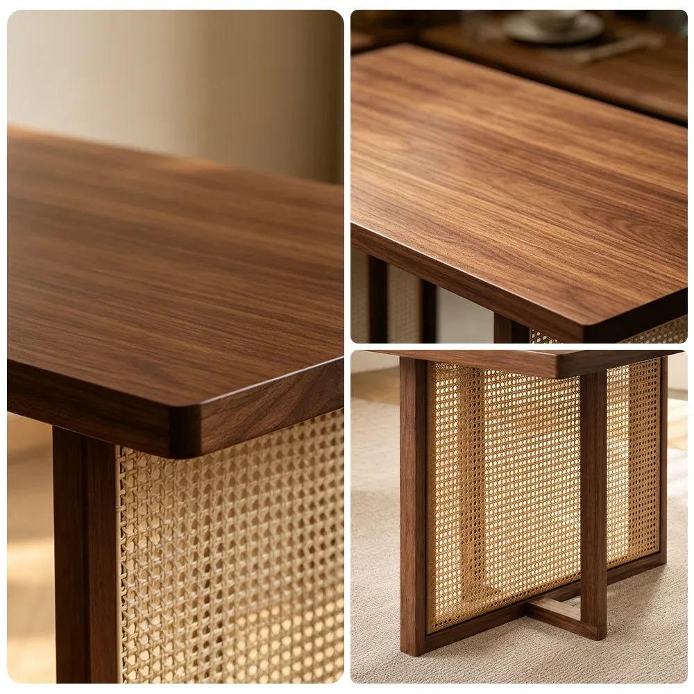 LIVARA Modern Rectangular New Zealand Pine Wood Dining Table 45mm Thick Top Rattan Panel Accents 150/160cm - Light Walnut