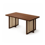 LIVARA Modern Rectangular New Zealand Pine Wood Dining Table 45mm Thick Top Rattan Panel Accents 150/160cm - Light Walnut