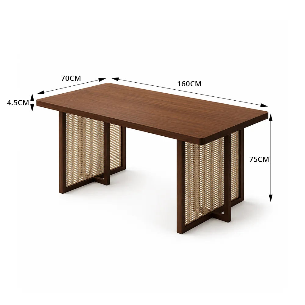 LIVARA Modern Rectangular New Zealand Pine Wood Dining Table 45mm Thick Top Rattan Panel Accents 150/160cm - Light Walnut
