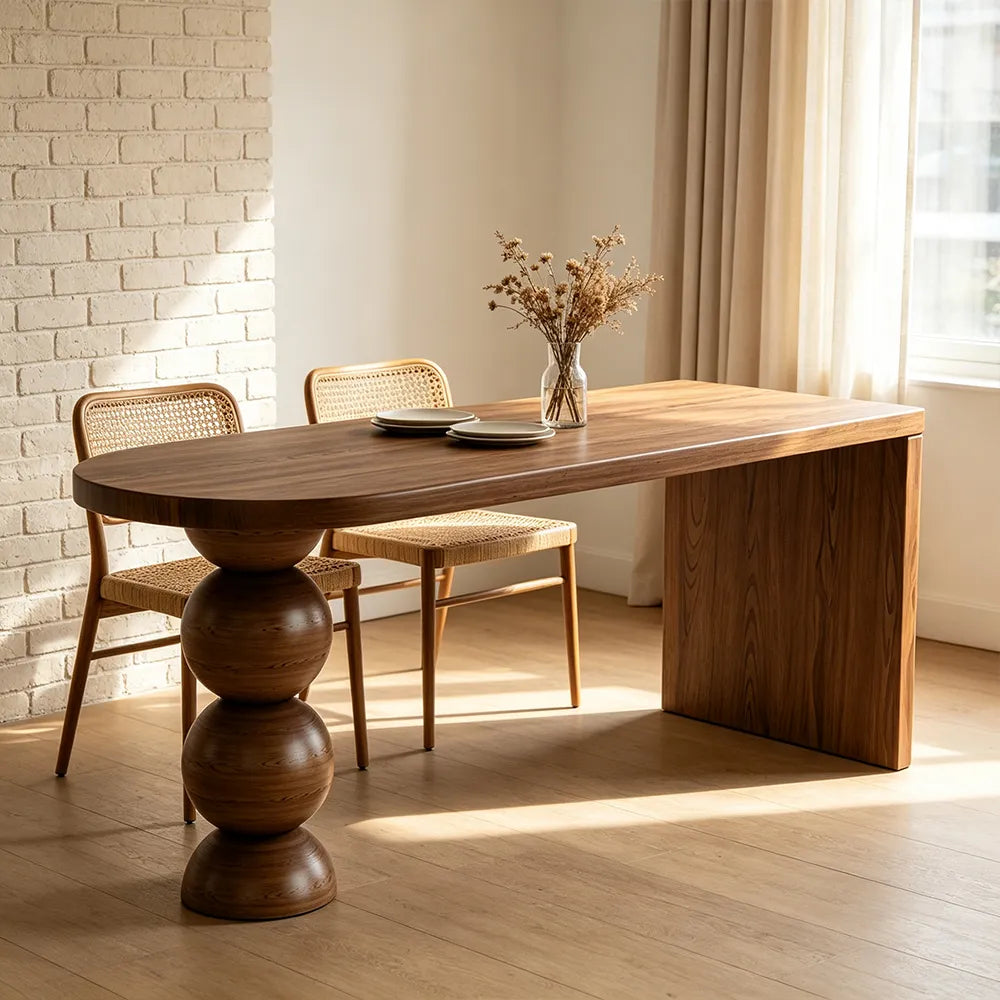 LIVARA Modern New Zealand Pine Wood Console Table Rounded Edge Top Sculptural Pedestal Legs 140/160cm - Walnut