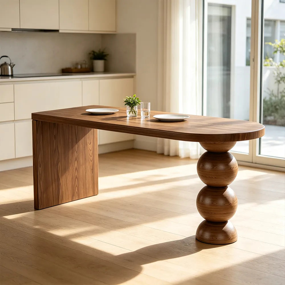 LIVARA Modern New Zealand Pine Wood Console Table Rounded Edge Top Sculptural Pedestal Legs 140/160cm - Walnut
