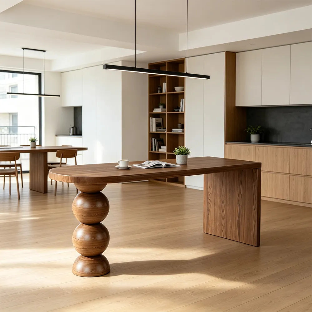 LIVARA Modern New Zealand Pine Wood Console Table Rounded Edge Top Sculptural Pedestal Legs 140/160cm - Walnut