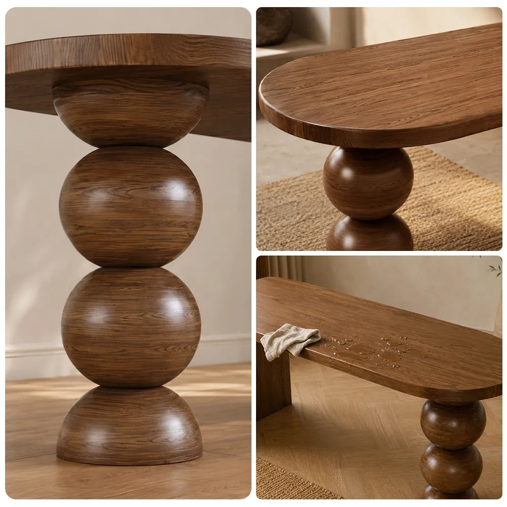 LIVARA Modern New Zealand Pine Wood Console Table Rounded Edge Top Sculptural Pedestal Legs 140/160cm - Walnut