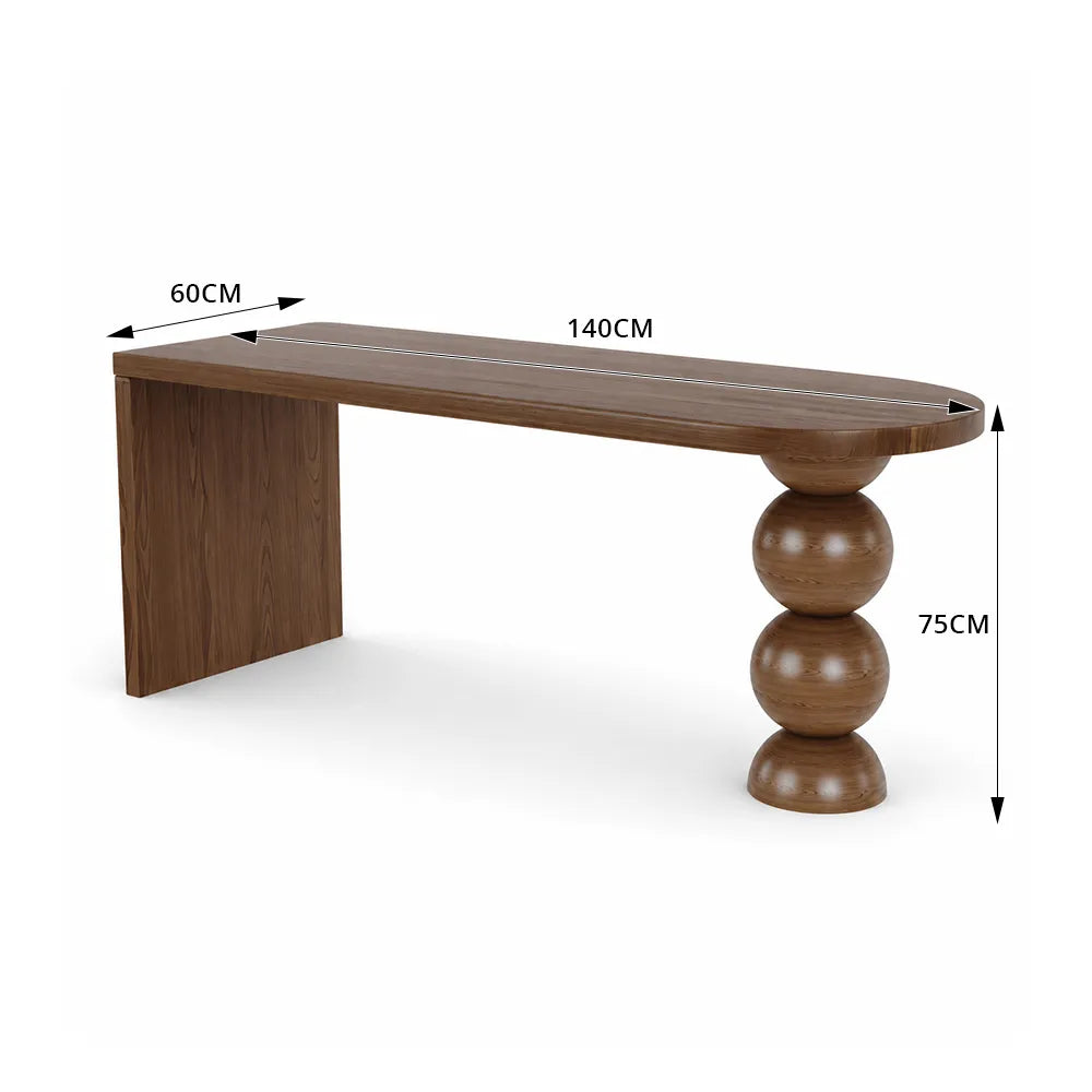 LIVARA Modern New Zealand Pine Wood Console Table Rounded Edge Top Sculptural Pedestal Legs 140/160cm - Walnut
