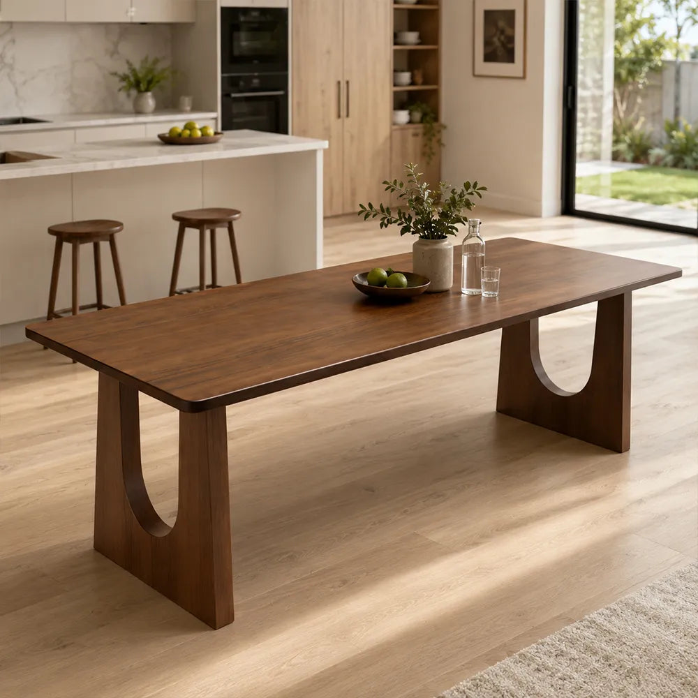 LIVARA Modern Rectangular Solid Wood Dining Table 46mm Thick Top Sculptural U-Shaped Pedestal Legs 160/180cm - Light Walnut