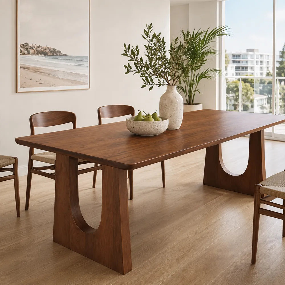 LIVARA Modern Rectangular Solid Wood Dining Table 46mm Thick Top Sculptural U-Shaped Pedestal Legs 160/180cm - Light Walnut