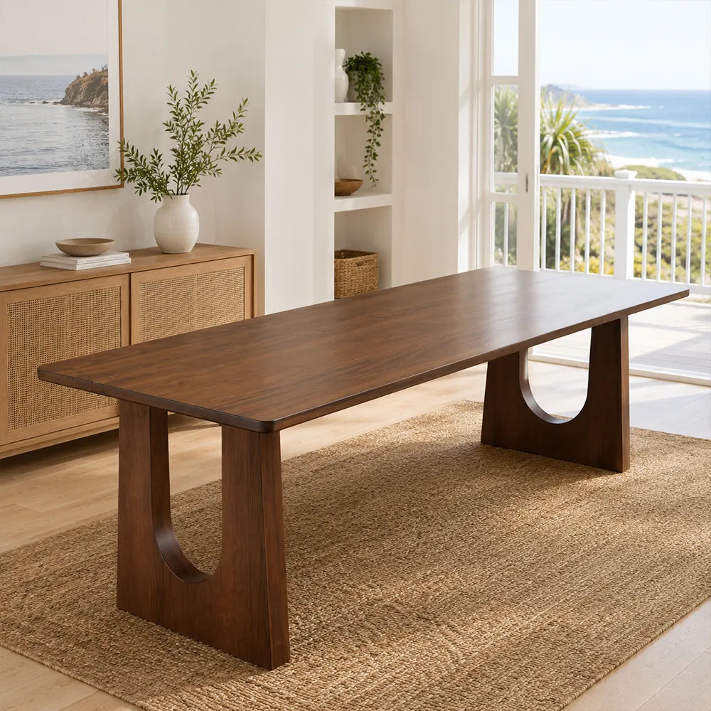 LIVARA Modern Rectangular Solid Wood Dining Table 46mm Thick Top Sculptural U-Shaped Pedestal Legs 160/180cm - Light Walnut
