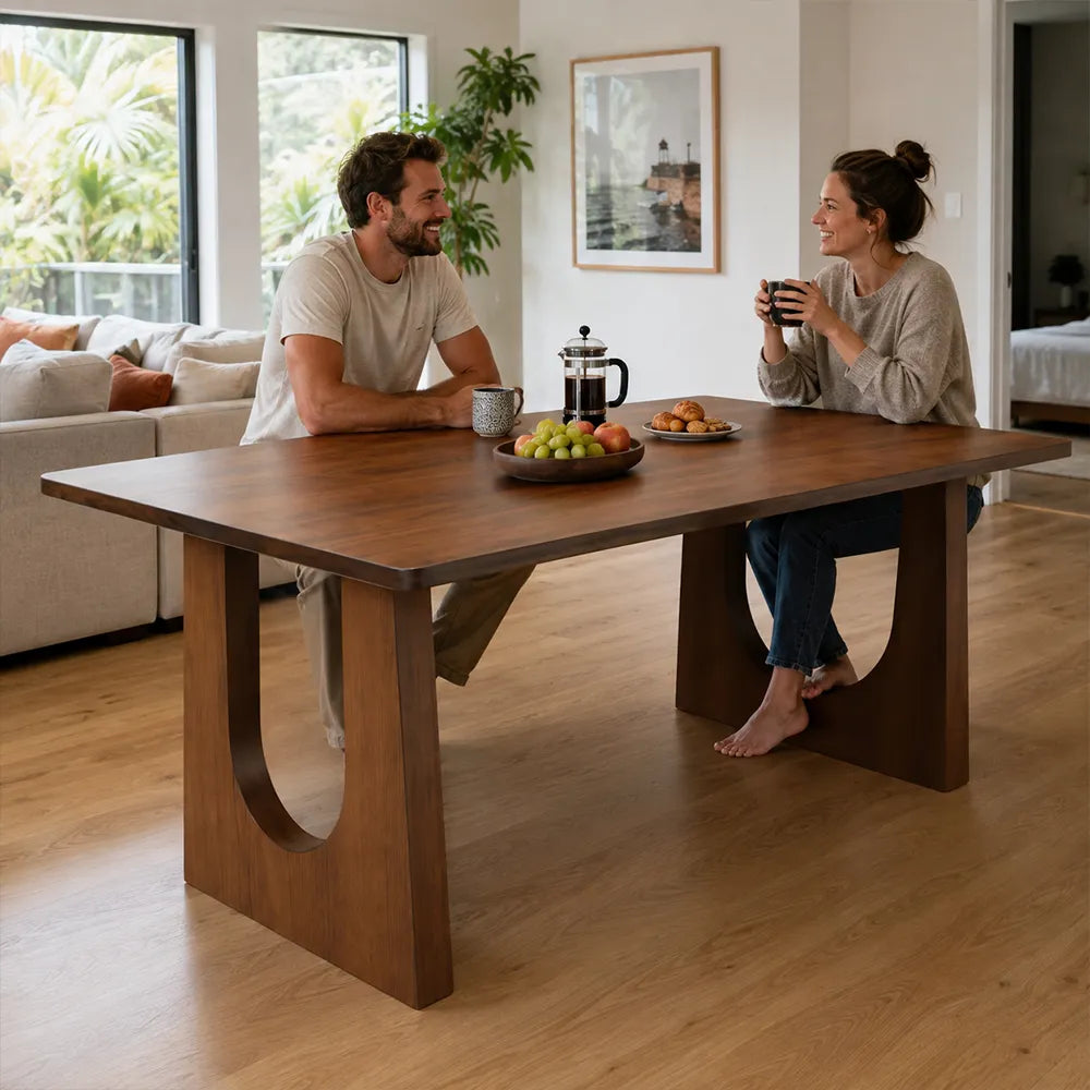 LIVARA Modern Rectangular Solid Wood Dining Table 46mm Thick Top Sculptural U-Shaped Pedestal Legs 160/180cm - Light Walnut