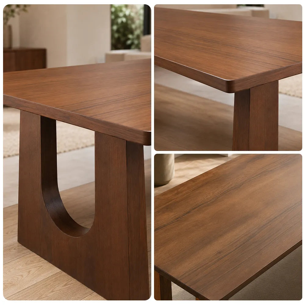 LIVARA Modern Rectangular Solid Wood Dining Table 46mm Thick Top Sculptural U-Shaped Pedestal Legs 160/180cm - Light Walnut