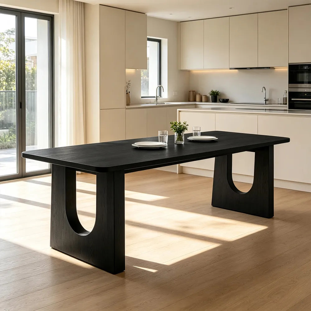 LIVARA Modern Rectangular Solid Wood Dining Table 46mm Thick Top Sculptural U-Shaped Pedestal Legs 160/180cm - Black