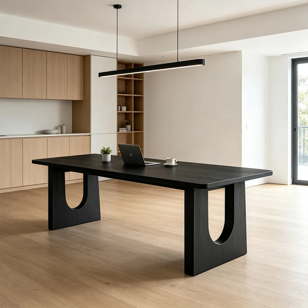 LIVARA Modern Rectangular Solid Wood Dining Table 46mm Thick Top Sculptural U-Shaped Pedestal Legs 160/180cm - Black