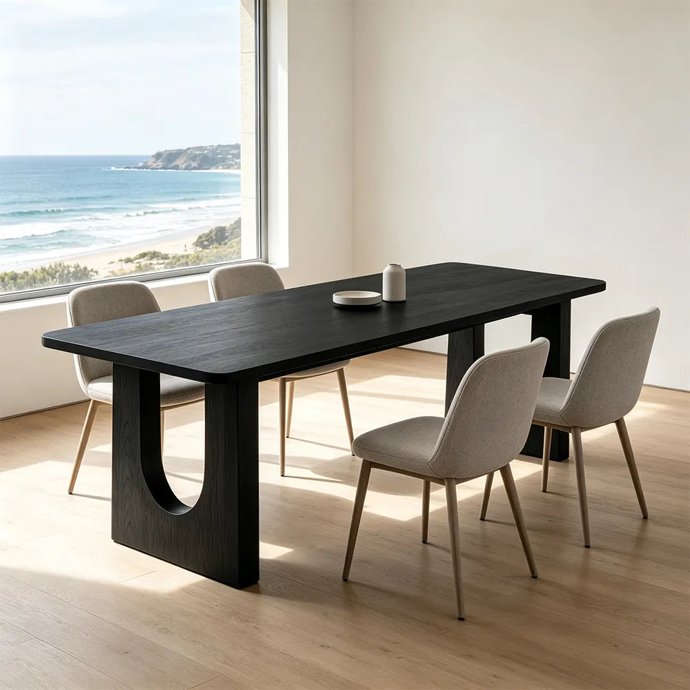 LIVARA Modern Rectangular Solid Wood Dining Table 46mm Thick Top Sculptural U-Shaped Pedestal Legs 160/180cm - Black
