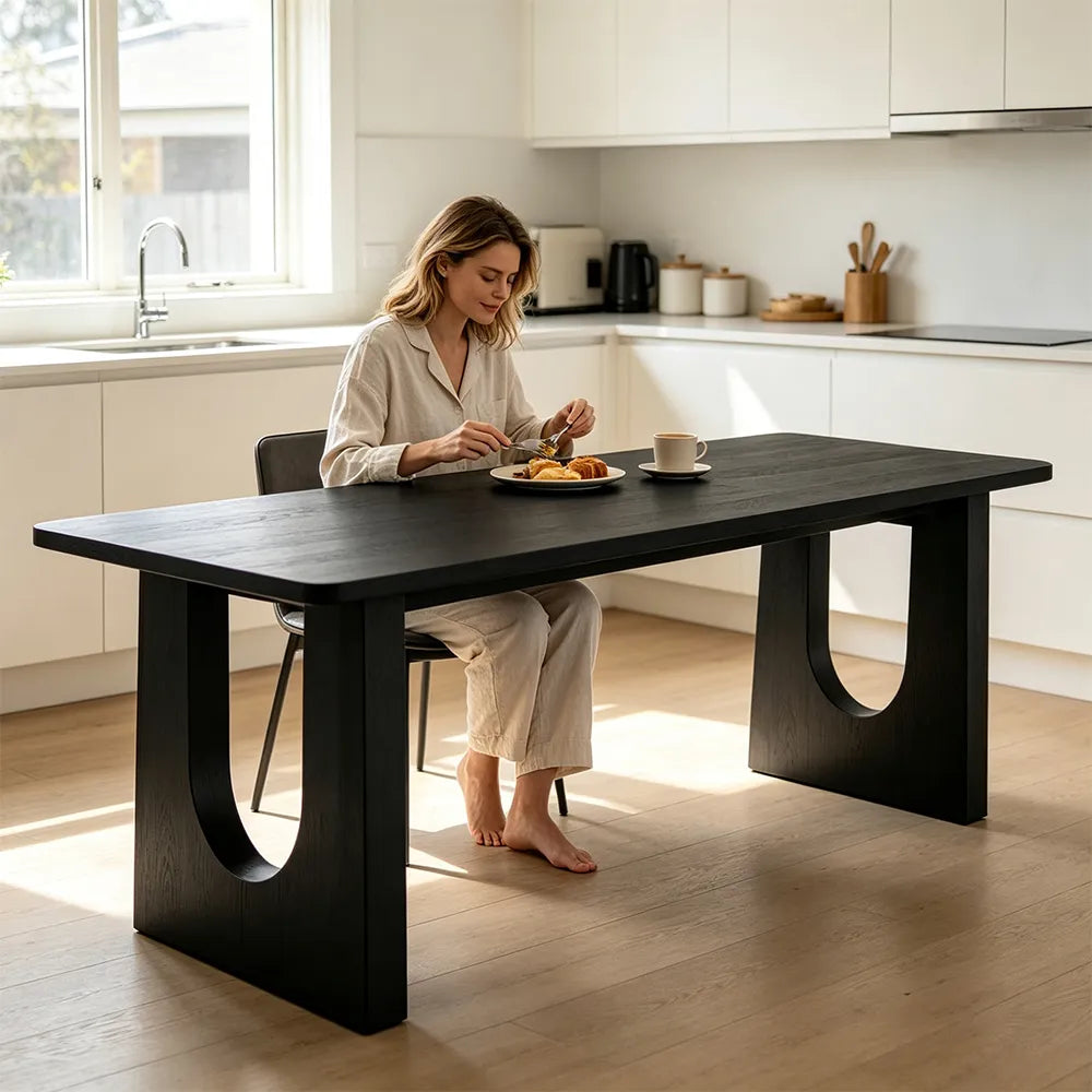 LIVARA Modern Rectangular Solid Wood Dining Table 46mm Thick Top Sculptural U-Shaped Pedestal Legs 160/180cm - Black