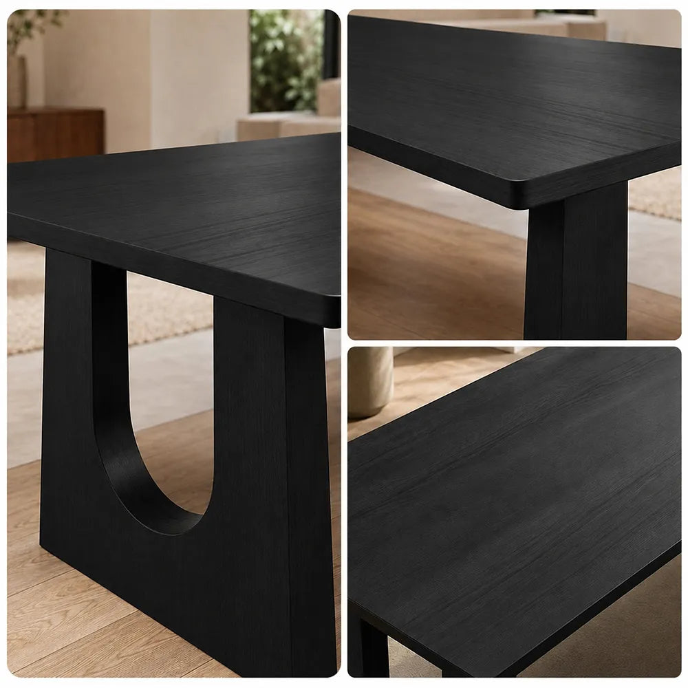 LIVARA Modern Rectangular Solid Wood Dining Table 46mm Thick Top Sculptural U-Shaped Pedestal Legs 160/180cm - Black