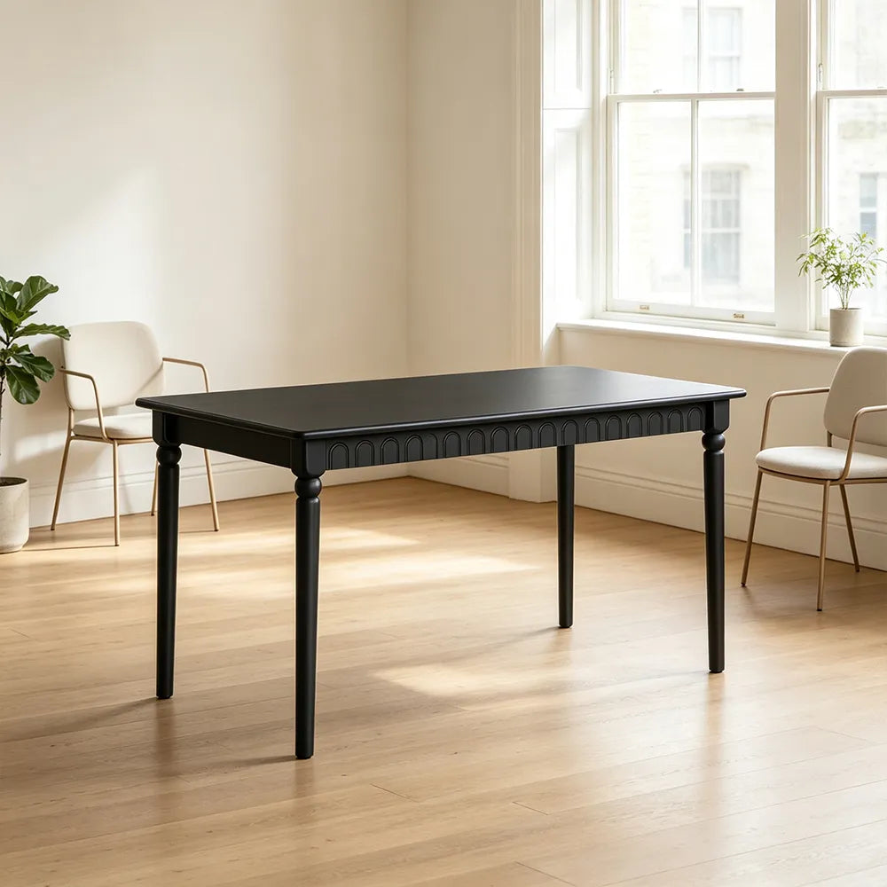 LIVARA Vintage Gothic Solid Wood Dining Table with Decorative Arch Apron, Sculpted Tapered Legs, Reinforced Corner Supports, 120/140cm - Black