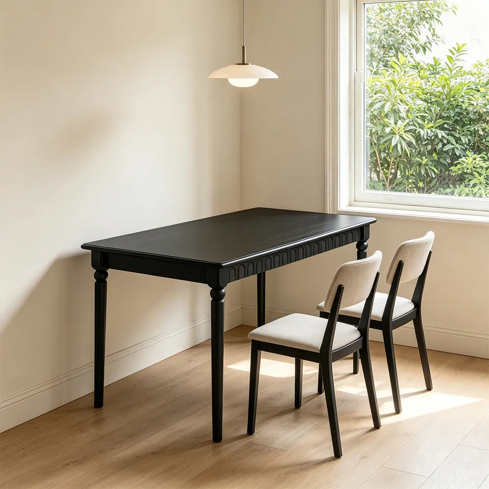 LIVARA Vintage Gothic Solid Wood Dining Table with Decorative Arch Apron, Sculpted Tapered Legs, Reinforced Corner Supports, 120/140cm - Black