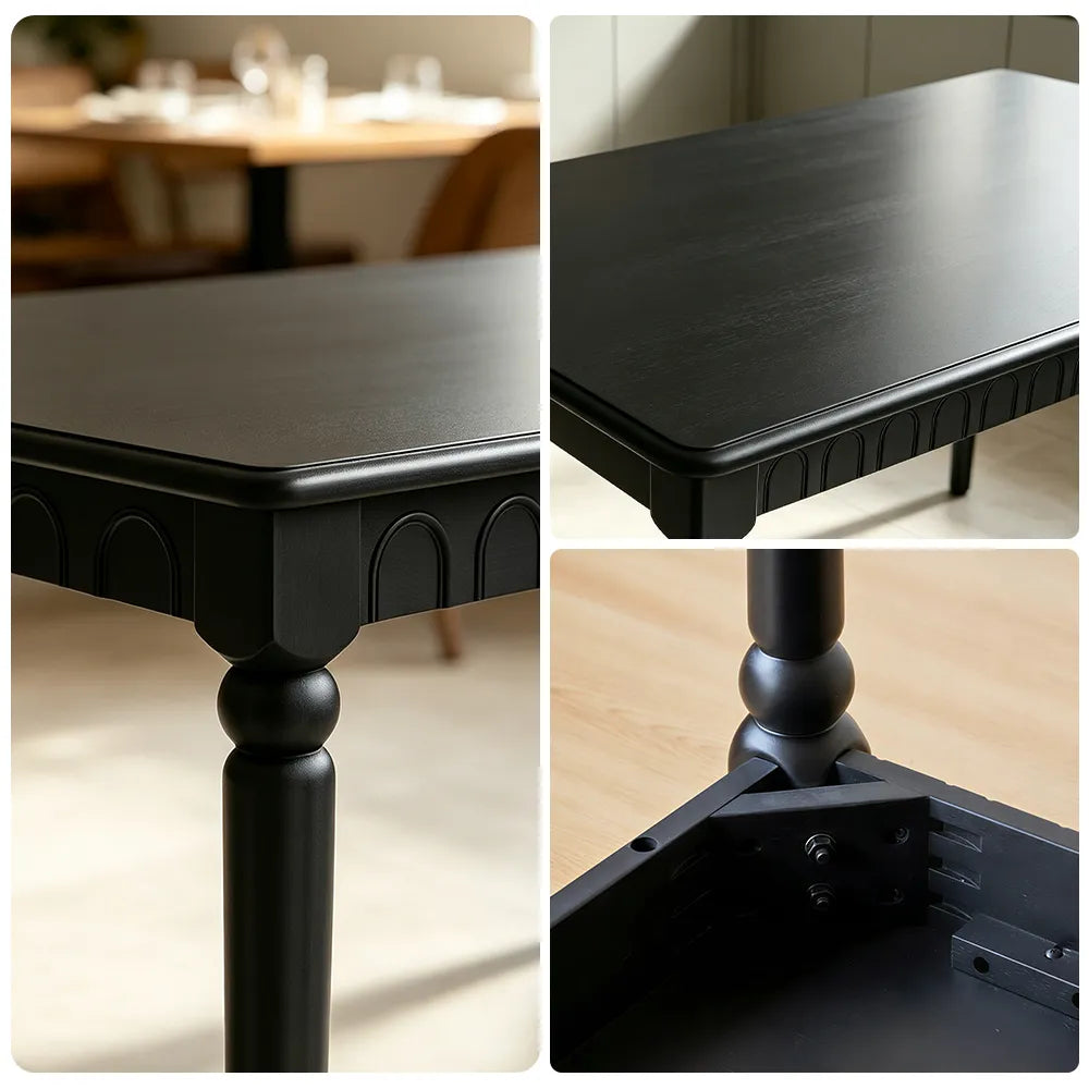 LIVARA Vintage Gothic Solid Wood Dining Table with Decorative Arch Apron, Sculpted Tapered Legs, Reinforced Corner Supports, 120/140cm - Black
