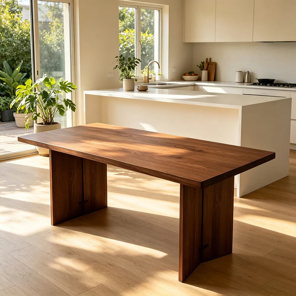 LIVARA Rustic Rectangular Solid Wood Dining Table with 4.5cm Thick New Zealand Pine Top, Natural Wood Grain, Wide Panel Pedestal Legs, 140/160cm - Walnut