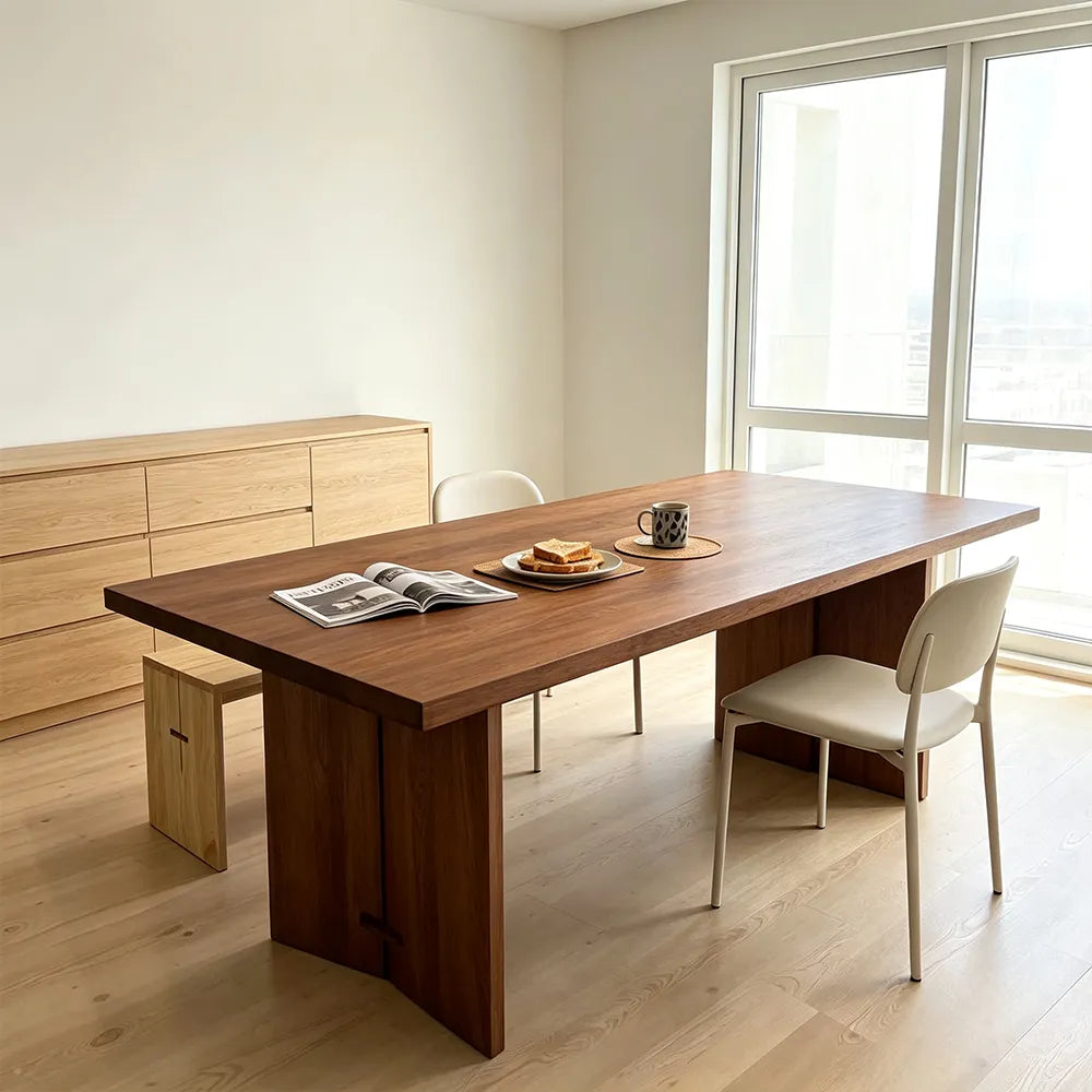 LIVARA Rustic Rectangular Solid Wood Dining Table with 4.5cm Thick New Zealand Pine Top, Natural Wood Grain, Wide Panel Pedestal Legs, 140/160cm - Walnut