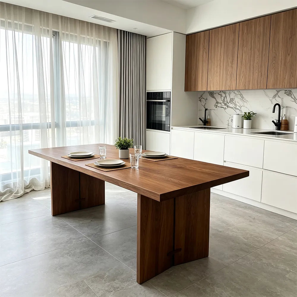 LIVARA Rustic Rectangular Solid Wood Dining Table with 4.5cm Thick New Zealand Pine Top, Natural Wood Grain, Wide Panel Pedestal Legs, 140/160cm - Walnut