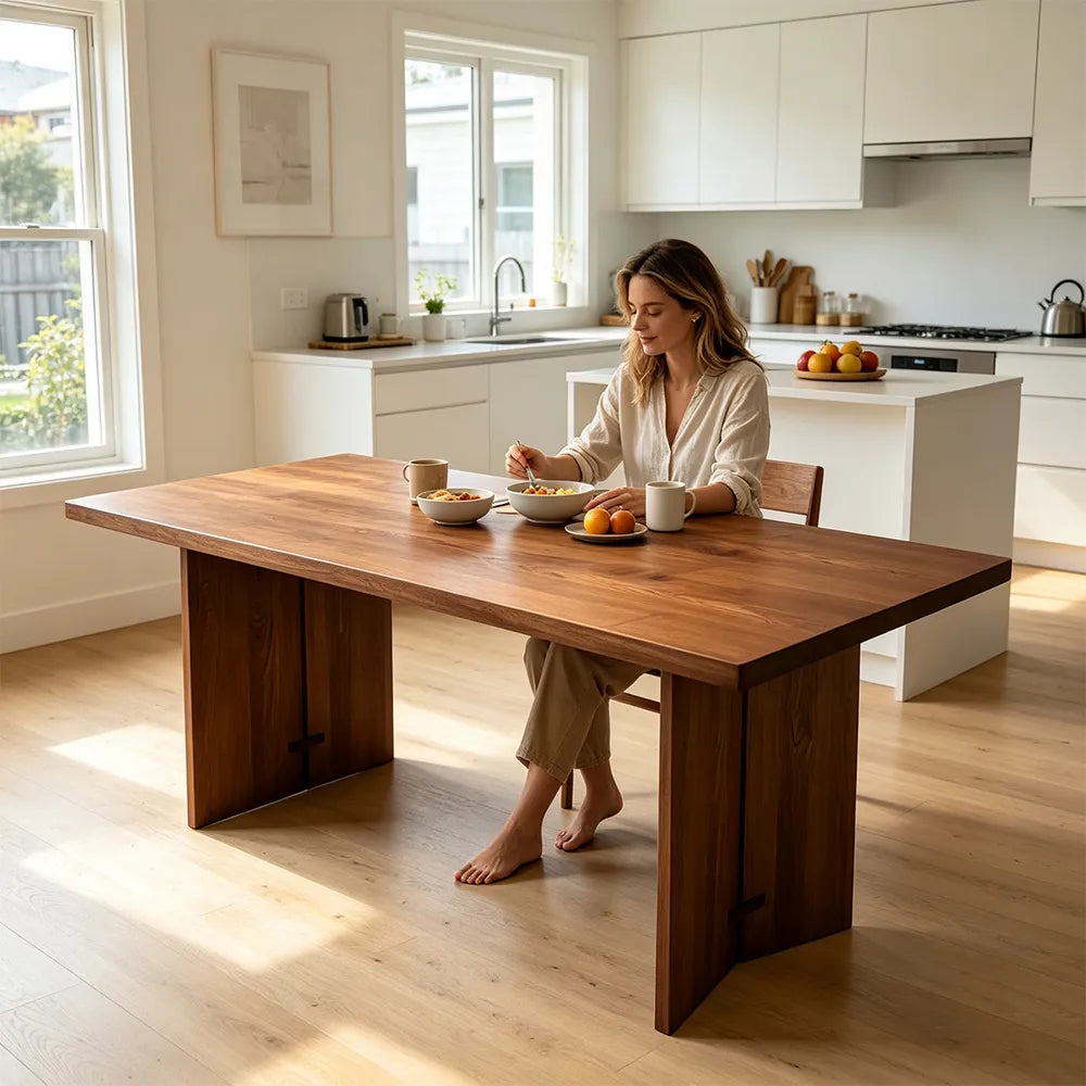 LIVARA Rustic Rectangular Solid Wood Dining Table with 4.5cm Thick New Zealand Pine Top, Natural Wood Grain, Wide Panel Pedestal Legs, 140/160cm - Walnut
