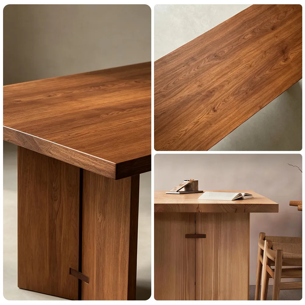 LIVARA Rustic Rectangular Solid Wood Dining Table with 4.5cm Thick New Zealand Pine Top, Natural Wood Grain, Wide Panel Pedestal Legs, 140/160cm - Walnut