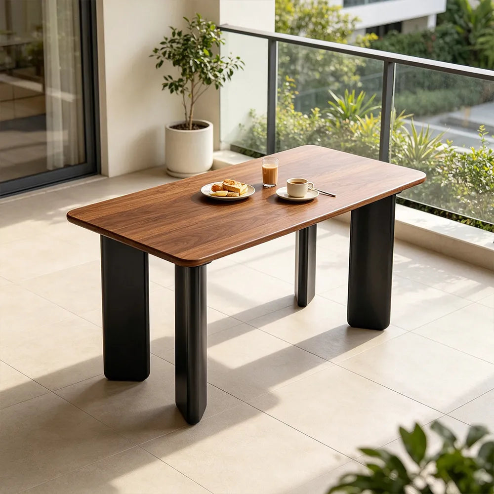 LIVARA Modern Rectangular Solid Wood Dining Table with Natural Rubberwood Top, Finger Joint Construction, Sculptural Wide Panel Legs, 140/160cm - Walnut Black