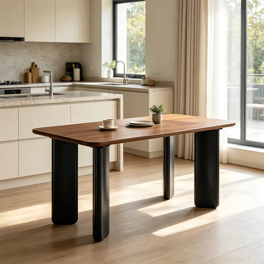 LIVARA Modern Rectangular Solid Wood Dining Table with Natural Rubberwood Top, Finger Joint Construction, Sculptural Wide Panel Legs, 140/160cm - Walnut Black
