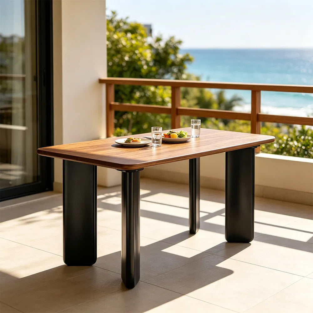 LIVARA Modern Rectangular Solid Wood Dining Table with Natural Rubberwood Top, Finger Joint Construction, Sculptural Wide Panel Legs, 140/160cm - Walnut Black