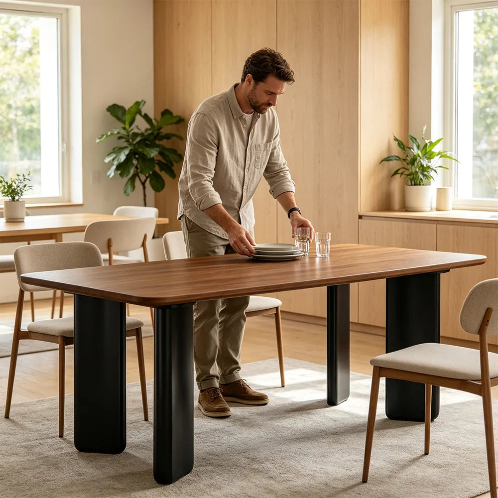 LIVARA Modern Rectangular Solid Wood Dining Table with Natural Rubberwood Top, Finger Joint Construction, Sculptural Wide Panel Legs, 140/160cm - Walnut Black