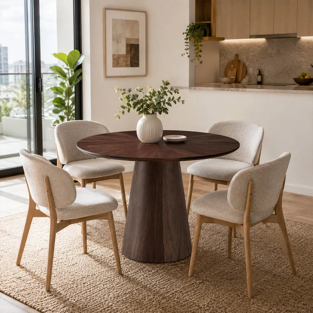 LIVARA Modern Round Solid Wood Dining Table with 3cm Thick Black Walnut Top, Natural Wood Grain, Sculptural Conical Pedestal Base, 100/110cm - Dark Walnut