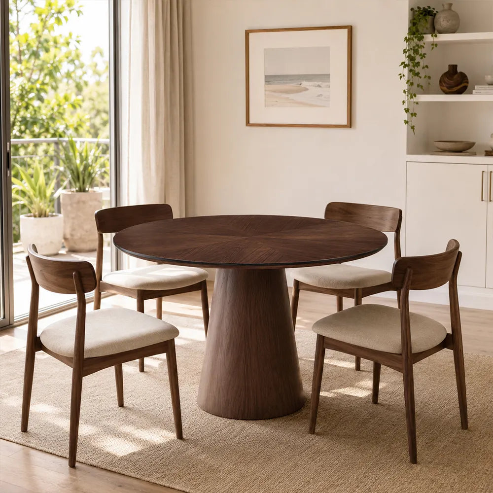 LIVARA Modern Round Solid Wood Dining Table with 3cm Thick Black Walnut Top, Natural Wood Grain, Sculptural Conical Pedestal Base, 100/110cm - Dark Walnut