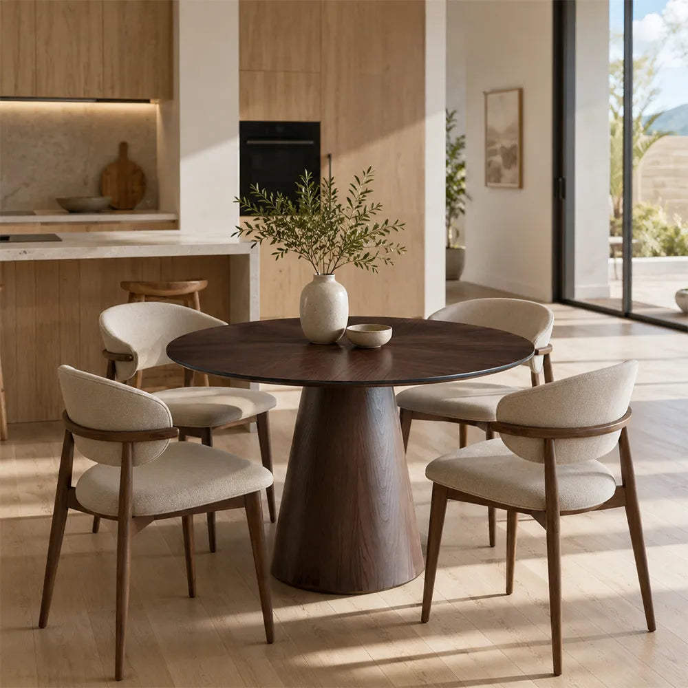 LIVARA Modern Round Solid Wood Dining Table with 3cm Thick Black Walnut Top, Natural Wood Grain, Sculptural Conical Pedestal Base, 100/110cm - Dark Walnut