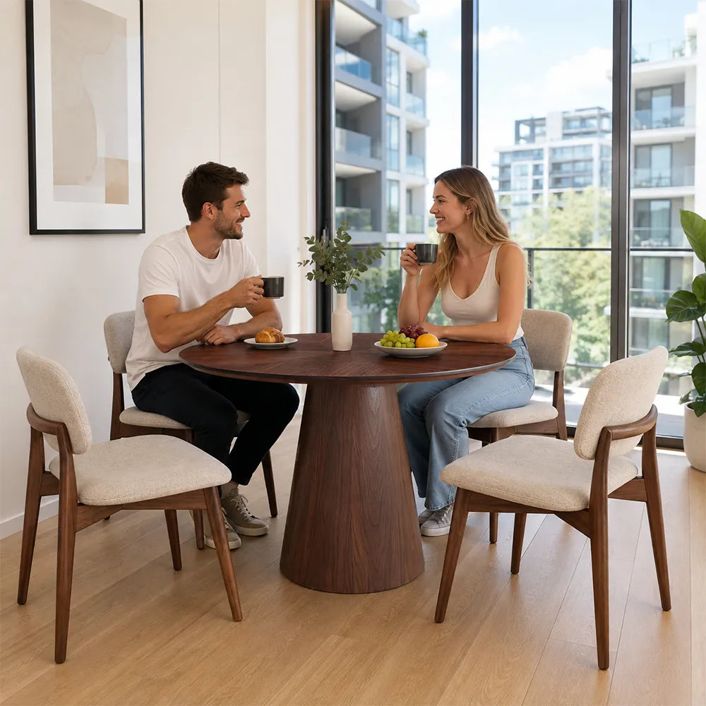 LIVARA Modern Round Solid Wood Dining Table with 3cm Thick Black Walnut Top, Natural Wood Grain, Sculptural Conical Pedestal Base, 100/110cm - Dark Walnut