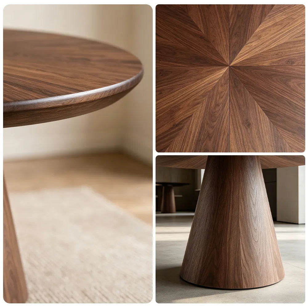 LIVARA Modern Round Solid Wood Dining Table with 3cm Thick Black Walnut Top, Natural Wood Grain, Sculptural Conical Pedestal Base, 100/110cm - Dark Walnut