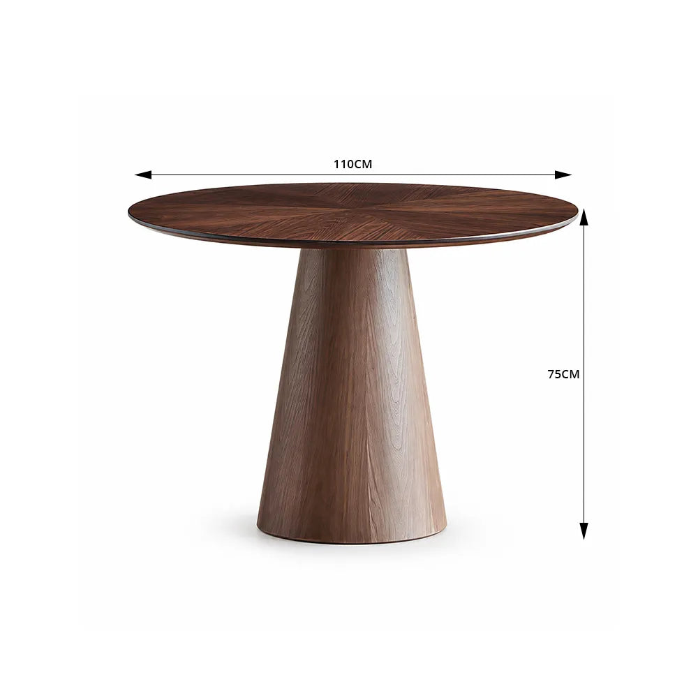 LIVARA Modern Round Solid Wood Dining Table with 3cm Thick Black Walnut Top, Natural Wood Grain, Sculptural Conical Pedestal Base, 100/110cm - Dark Walnut