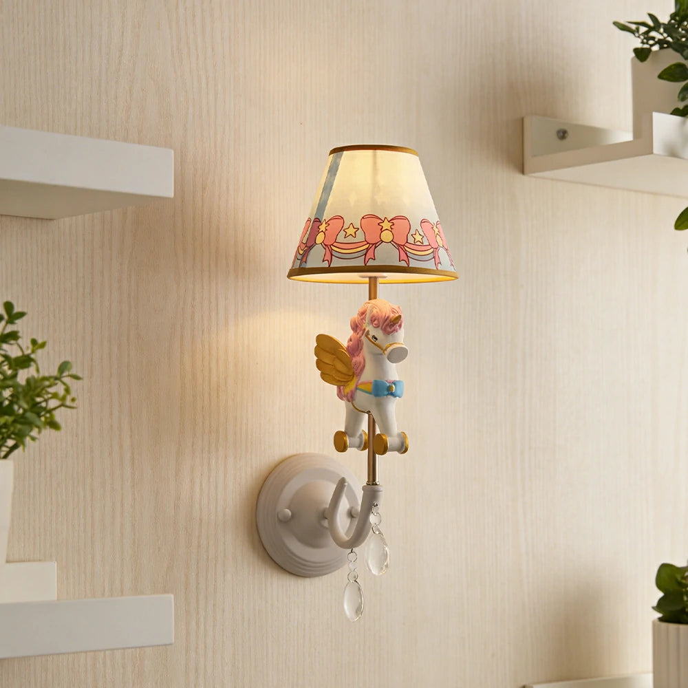 LIVARA Vintage Wall Light Unicorn Pony Design LED Bulb Included Fabric Shade Elegant Style for Bedroom Hallway Living Room