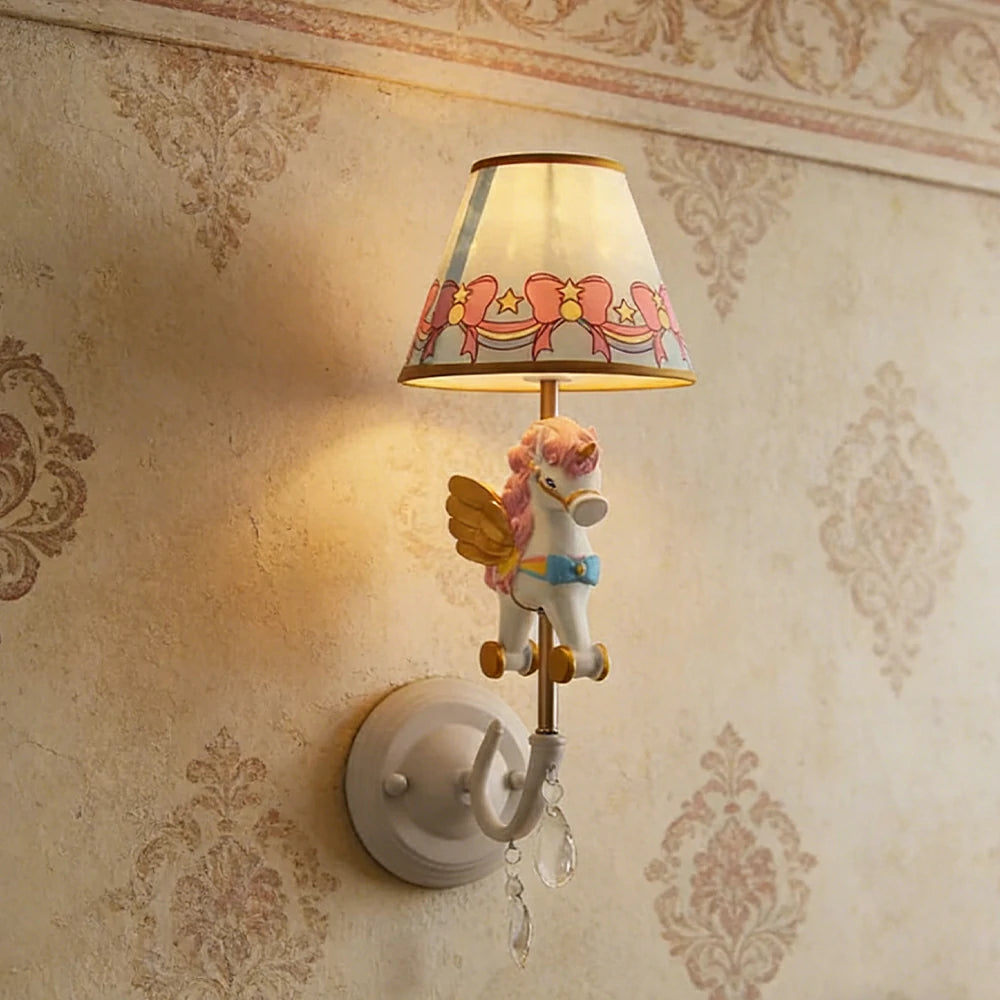 LIVARA Vintage Wall Light Unicorn Pony Design LED Bulb Included Fabric Shade Elegant Style for Bedroom Hallway Living Room